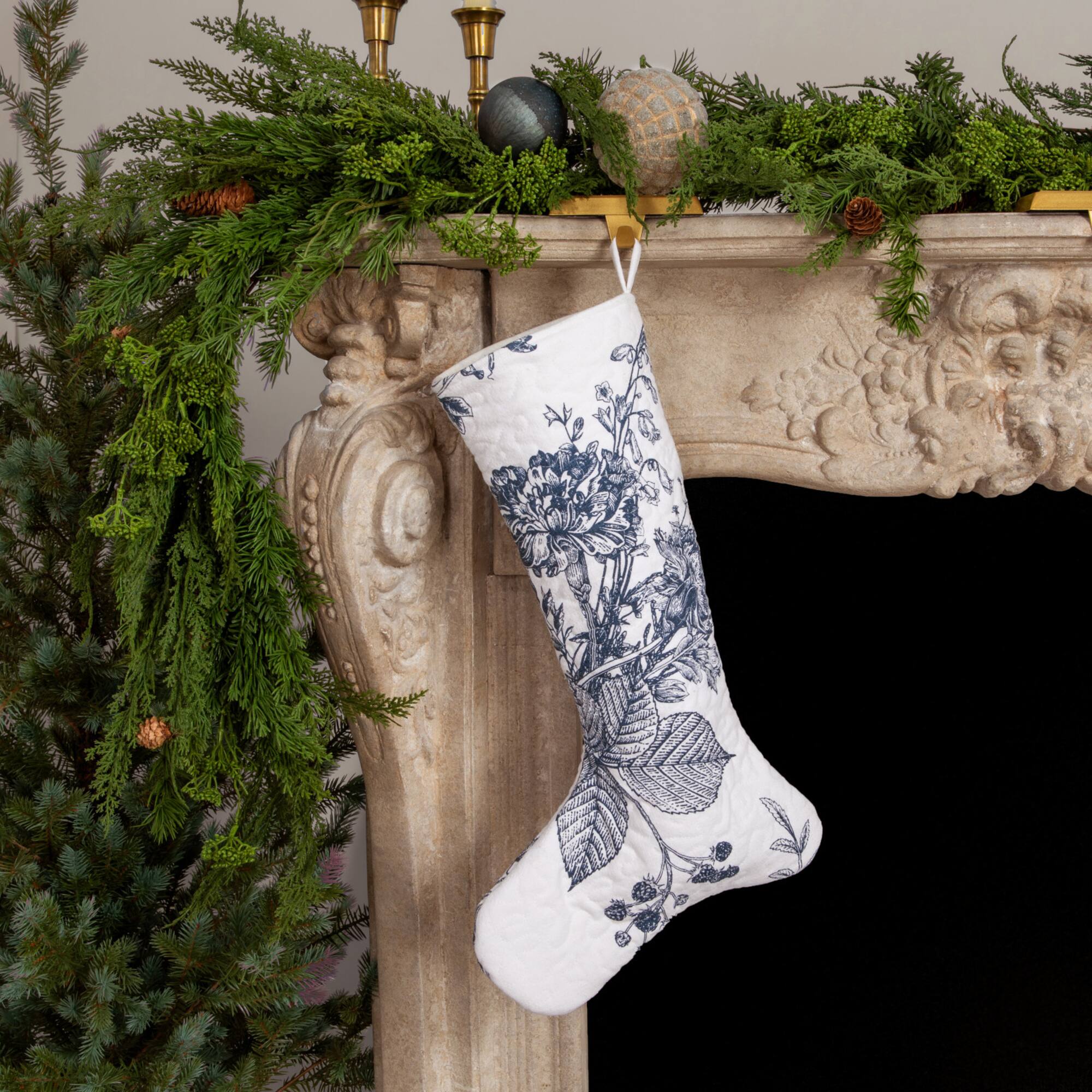 Hello Honey® 20" White & Blue Botanical Print Quilted Cotton Stocking